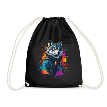 Hip Hop Wolf Vintage Urban Streetwear - Drawstring Bag - black - Front