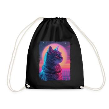Funny Cute Retro Cat Animal 80s Neon Sun Fat Cat - Drawstring Bag - black - Front