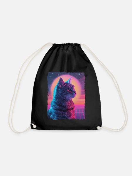 Funny Cute Retro Cat Animal 80s Neon Sun Fat Cat - Drawstring Bag - black