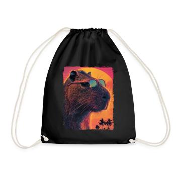 Retro 80s Neon Pink Funny Cool Capybara Rodent - Drawstring Bag - black - Front