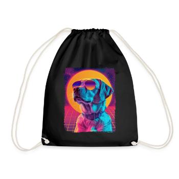 Retro 80s Neon Pink Purple Cool Dog Animal Sunset - Drawstring Bag - black - Front