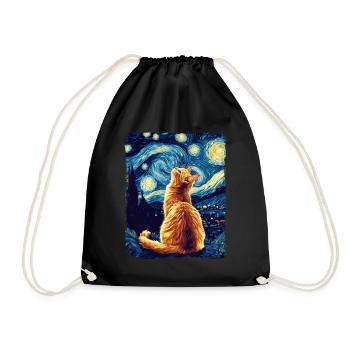 Orange Cat Animal Starry Night Painting Van Gogh - Drawstring Bag - black - Front