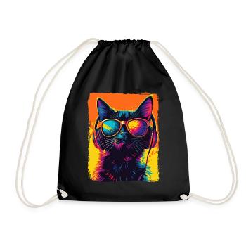 DJ Cool Black Cat With Headphones EDM Music Techno - Drawstring Bag - black - Front