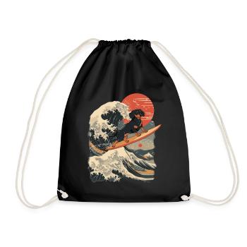 Dachshund Dog Animal Japanese Surfing Beach Wave - Drawstring Bag - black - Front