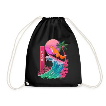 Fox Red Fox Animal Japanese Surfing Beach Wave - Drawstring Bag - black - Front