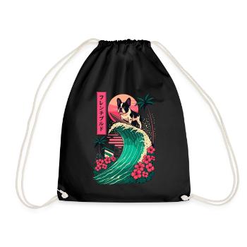 French Bulldog Dog Animal Japanese Surfing Flower - Drawstring Bag - black - Front