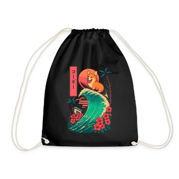 Corgi Dog Animal Japanese Surfing Flower Sunset - Drawstring Bag - black - Front
