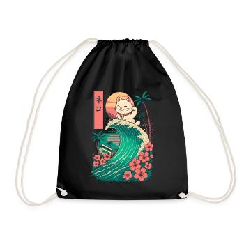 Cat Katze Animal Japanese Surfing Flower Sunset - Drawstring Bag - black - Front