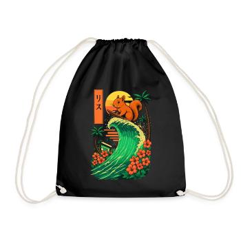Squirrel Rodent Animal Japanese Surfing Flower - Drawstring Bag - black - Front