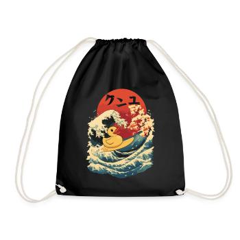 Rubber Duck Animal Japanese Surfing Beach Red Moon - Drawstring Bag - black - Front