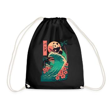 Panda Bear Animal Japanese Surfing Flower Sunset - Drawstring Bag - black - Front