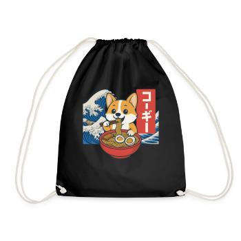 Corgi Eating Ramen Japanese Wave Art - Drawstring Bag - black - Front