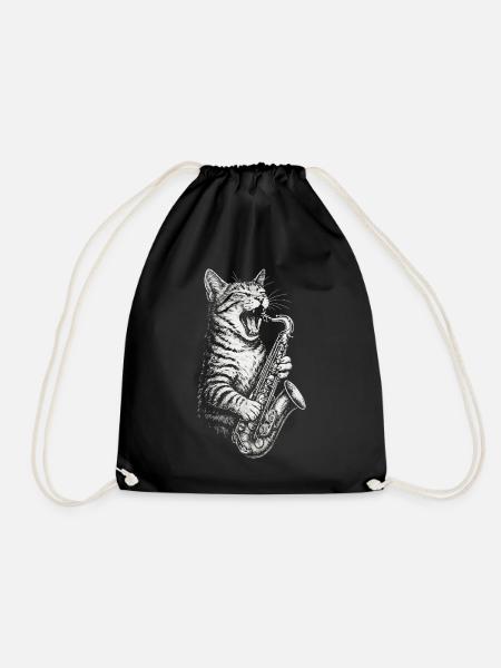 Coole Katze spielt Saxophon Jazz Musik - Turnbeutel - Schwarz