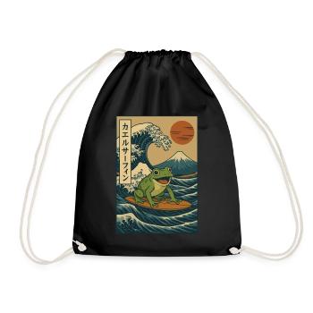 Surfing Frog Japanese Wave Art Mount Fuji Red Sun - Drawstring Bag - black - Front