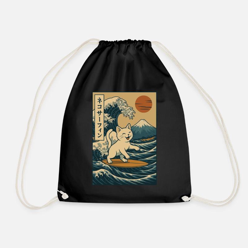White Cat Surfing Wave Japanese Art Mount Fuji - Drawstring Bag - black