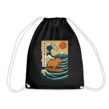 Capybara Surfing Japanese Wave Art - Drawstring Bag - black - Front