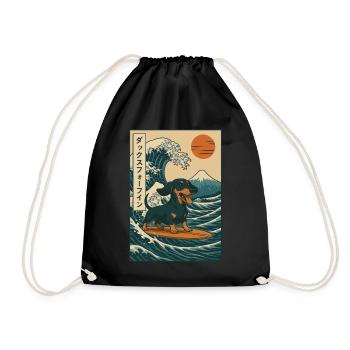 Dachshund Dog Lover Surfing Japanese Wave Art - Drawstring Bag - black - Front