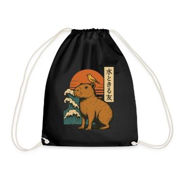 Capybara Bird Waves Sunset Japanese Wave Sunset - Drawstring Bag - black - Front