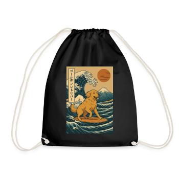 Golden Retriever Dog Surfing Wave Japanese Style - Drawstring Bag - black - Front