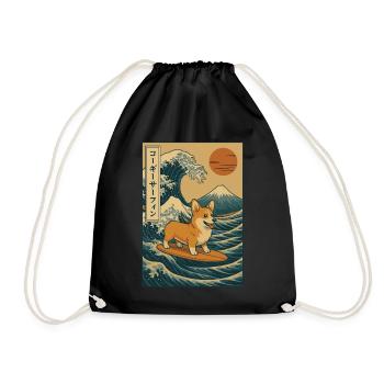 Corgi Dog Surfing Wave Mount Fuji Japanese Art - Drawstring Bag - black - Front