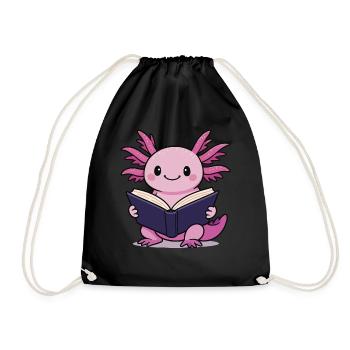 Cute Axolotl Reading Book Reader Cartoon Kawaii - Drawstring Bag - black - Front