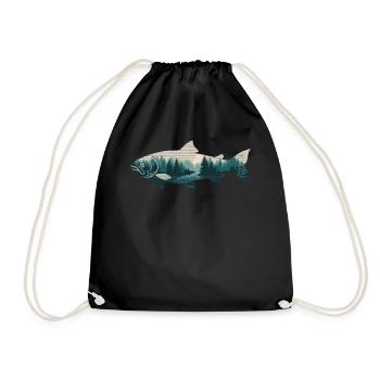 lachs fisch wald natur angeln bäume berg - Turnbeutel - Schwarz - Vorne