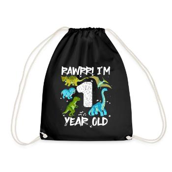 A 1 year 1st birthday 1 year old, dinosaur - Drawstring Bag - black - Front