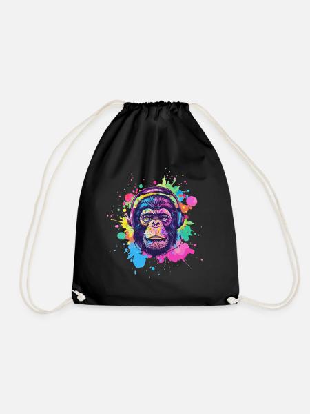 Affe Mit Kopfhörer Damen Deko Herren Geschenk - Turnbeutel - Schwarz