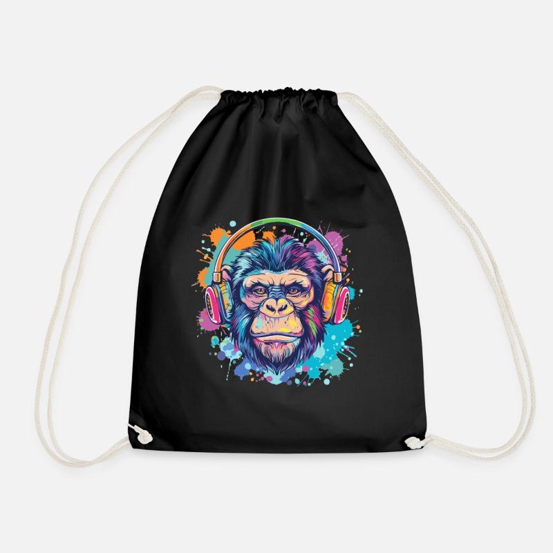 Monkey With Headphones Women's Decoration Men's Gift - Drawstring Bag - black