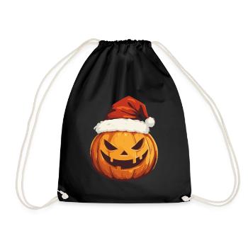 Halloween Geschenk Kürbis mit Weihnachtsmütze Deko - Turnbeutel - Schwarz - Vorne