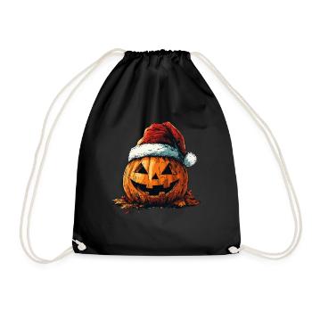 Halloween Geschenk Kürbis mit Weihnachtsmütze Deko - Turnbeutel - Schwarz - Vorne
