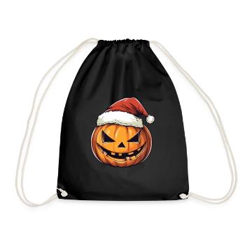 Halloween Geschenk Kürbis mit Weihnachtsmütze Deko - Turnbeutel - Schwarz - Vorne