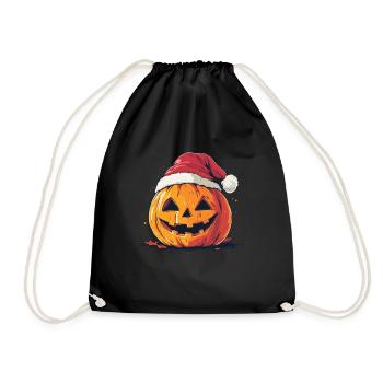 Halloween Geschenk Kürbis mit Weihnachtsmütze Deko - Turnbeutel - Schwarz - Vorne