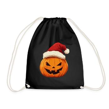 Halloween Geschenk Kürbis mit Weihnachtsmütze Deko - Turnbeutel - Schwarz - Vorne