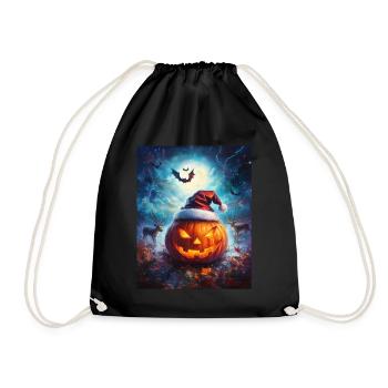 Halloween Geschenk Kürbis mit Weihnachtsmütze Deko - Turnbeutel - Schwarz - Vorne