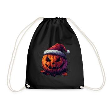 Halloween Geschenk Kürbis mit Weihnachtsmütze Deko - Turnbeutel - Schwarz - Vorne