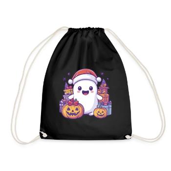 Halloween Geschenk Geist mit Weihnachtsmütze Deko - Turnbeutel - Schwarz - Vorne