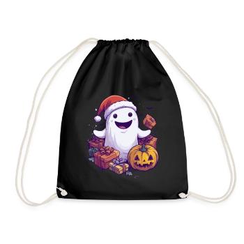 Halloween Geschenk Geist mit Weihnachtsmütze Deko - Turnbeutel - Schwarz - Vorne