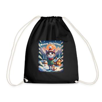 Meowy Christmas - Geschenk mit Katze - Turnbeutel - Schwarz - Vorne