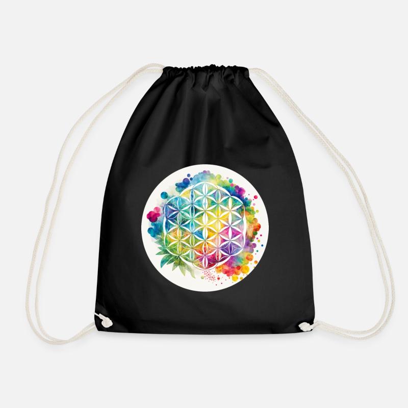 Rainbow Flower of Life Hemp Circle - Drawstring Bag - black