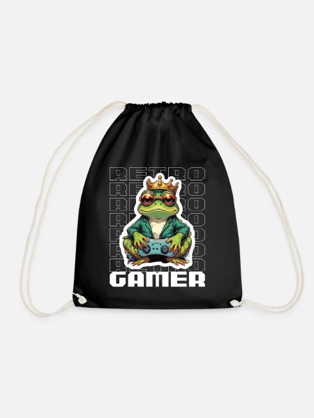Retro Gamer Frog with Controller Console Games - Drawstring Bag - black