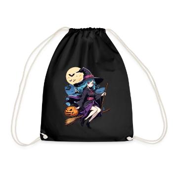 Halloween - Hexe mit Besen Grusel Manga - Turnbeutel - Schwarz - Vorne