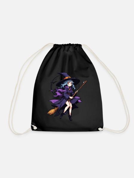 Cute witch with broom and bats - Drawstring Bag - black