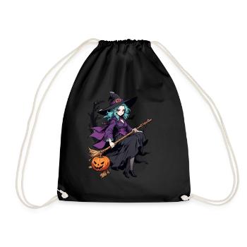 Cute witch with broom and bats - Drawstring Bag - black - Front