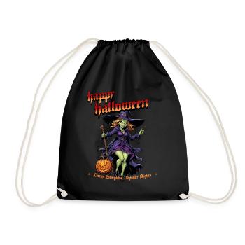 Halloween Witch With Pumpkin Illustration - Drawstring Bag - black - Front