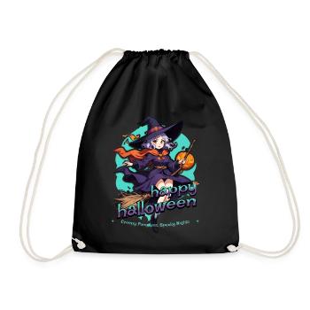 Cute witch with broom and bats - Drawstring Bag - black - Front