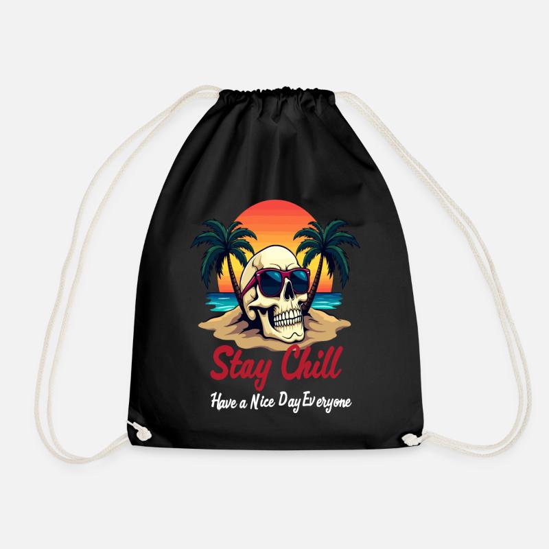 Stay Chill, Skull with Sunglasses Beach Design - Drawstring Bag - black