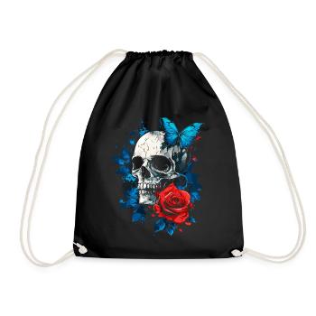 Totenkopf Totenschädel Schmetterling Rose Blume - Turnbeutel - Schwarz - Vorne