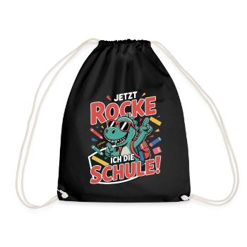 Dino T-Shirt Einschulung – Jetzt rocke ich Schule - Turnbeutel - Schwarz - Vorne
