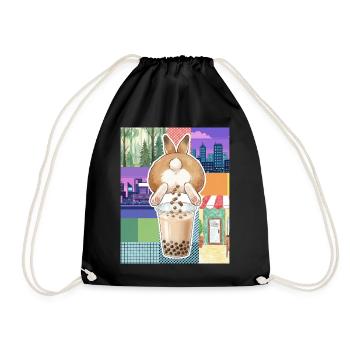 Cute Bunny Funny Boba Bubble Tea - Drawstring Bag - black - Front